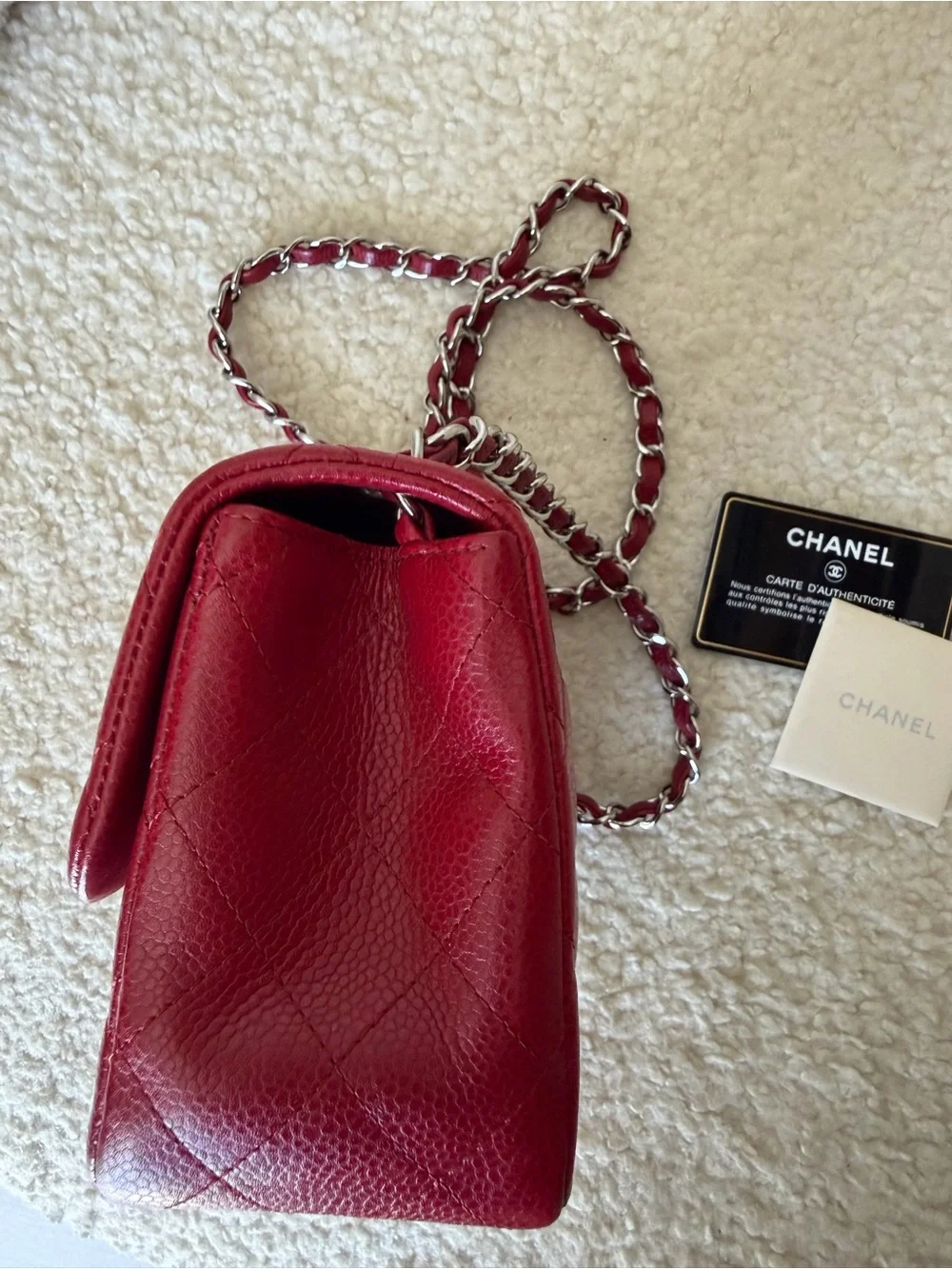 CHANEL Red Quilted Mini Flap Bag with Silver Chain